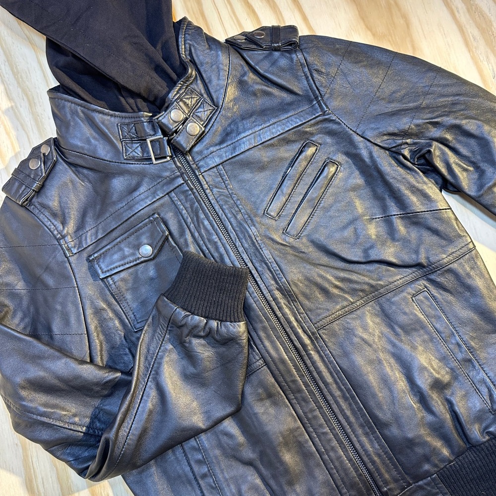 Men's Real Leather Hooded Bomber Jacket Black Moto Coat Fit L